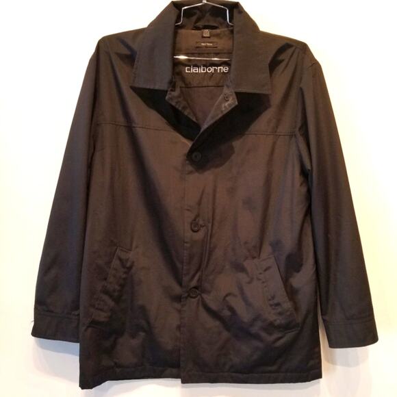 Claiborne Men's Black Rain Coat Pockets Short Comfortable Long Sleeve Size L - Picture 1 of 16